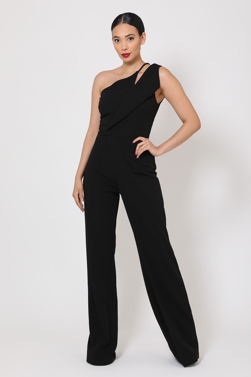 One Shoulder Jumpsuit W/ Small Opening Black