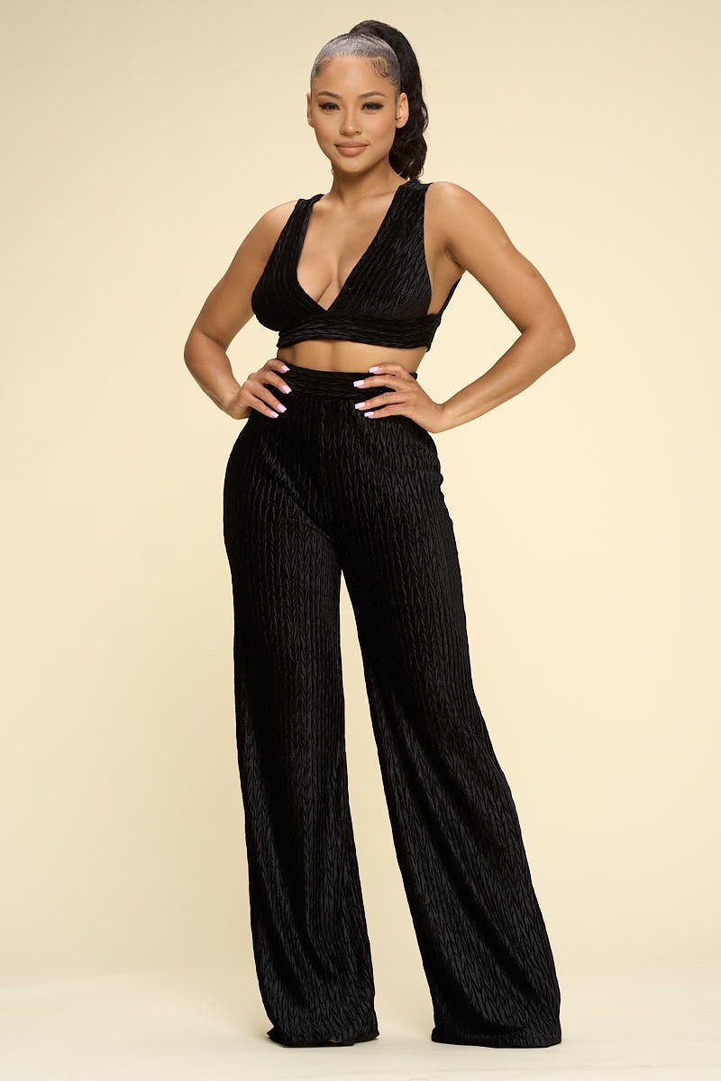 Crushed Velvet Top And High Waist Palazzo Pants Set