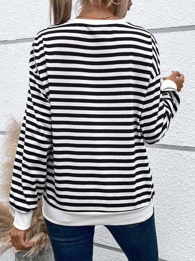 Striped Round Neck Long Sleeve Sweatshirt With Heart