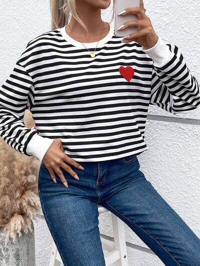 Striped Round Neck Long Sleeve Sweatshirt With Heart